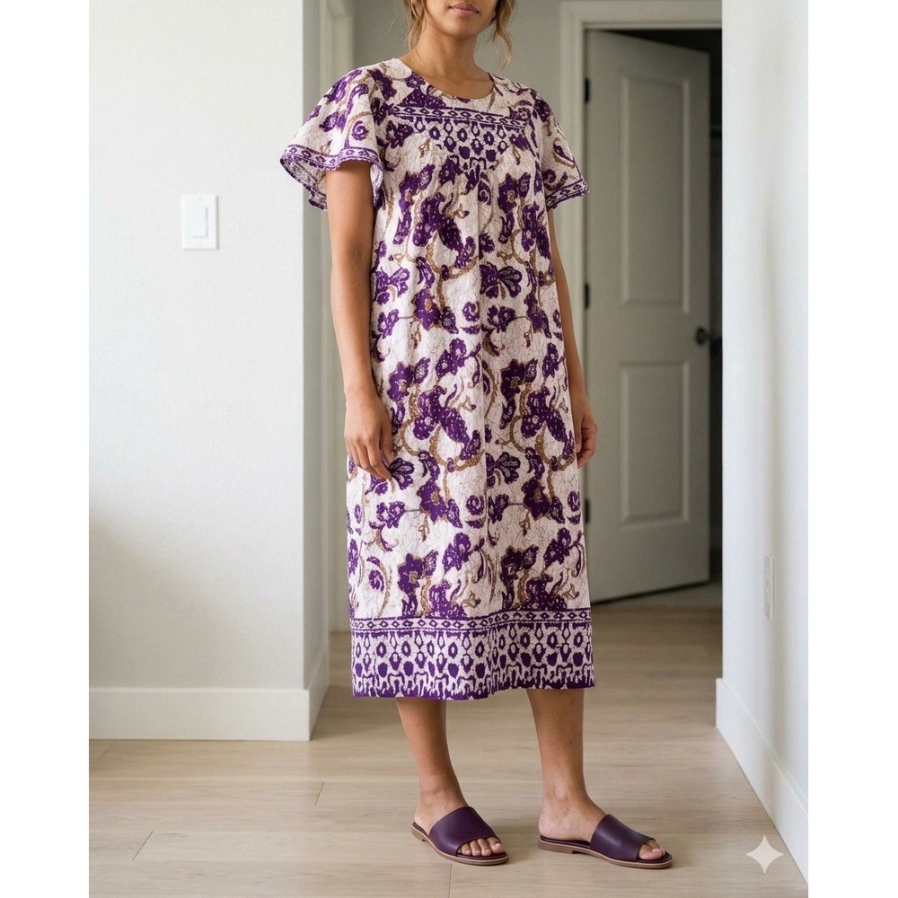 Loungees Mumu Lounge House Patio Dress Hawaii Cotton Kaftan Purple Floral Large
